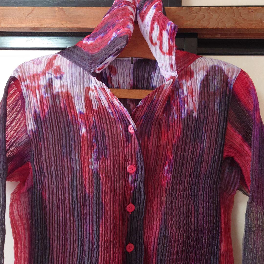 イッセイミヤケ　プリーツ　カーディガン　トップス　赤系　レトロ　レディース