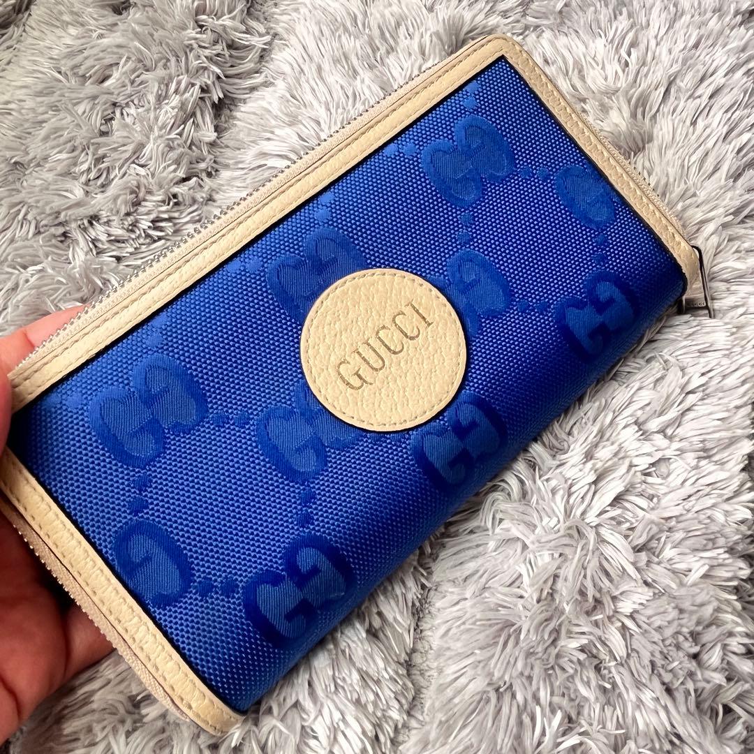 極美品✨GUCCI オフザグリッド　ラウンドファスナー　GG ブルー　長財布