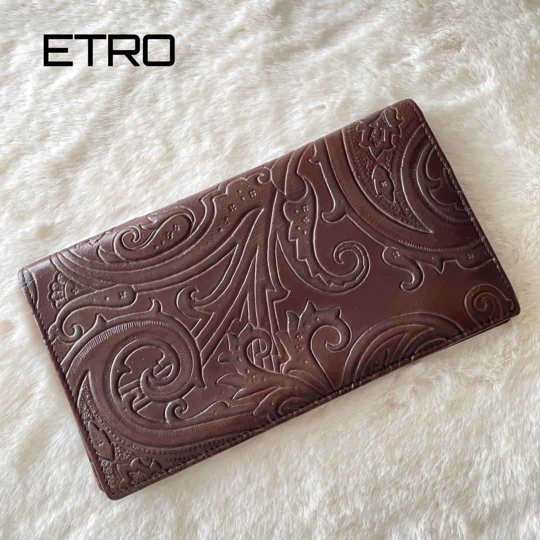希少 美品✨ETRO エトロ カービング エンボス加工 長財布 カードケース 茶