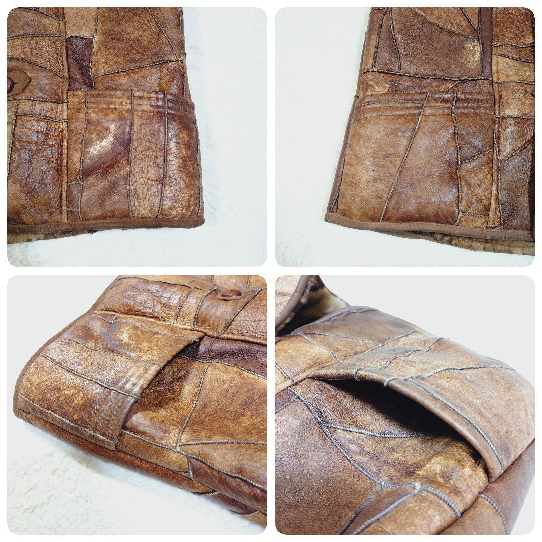 シープスキン 内ボア パッチワーク ベスト くるみボタン ヴィンテージ Lサイズ