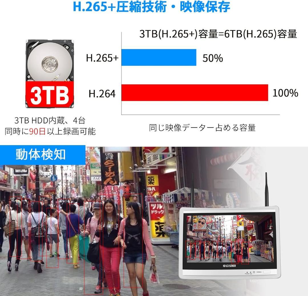 【Aランク】12インチ液晶一体型3TBHDD内蔵NVR 500万画素カメラ4台
