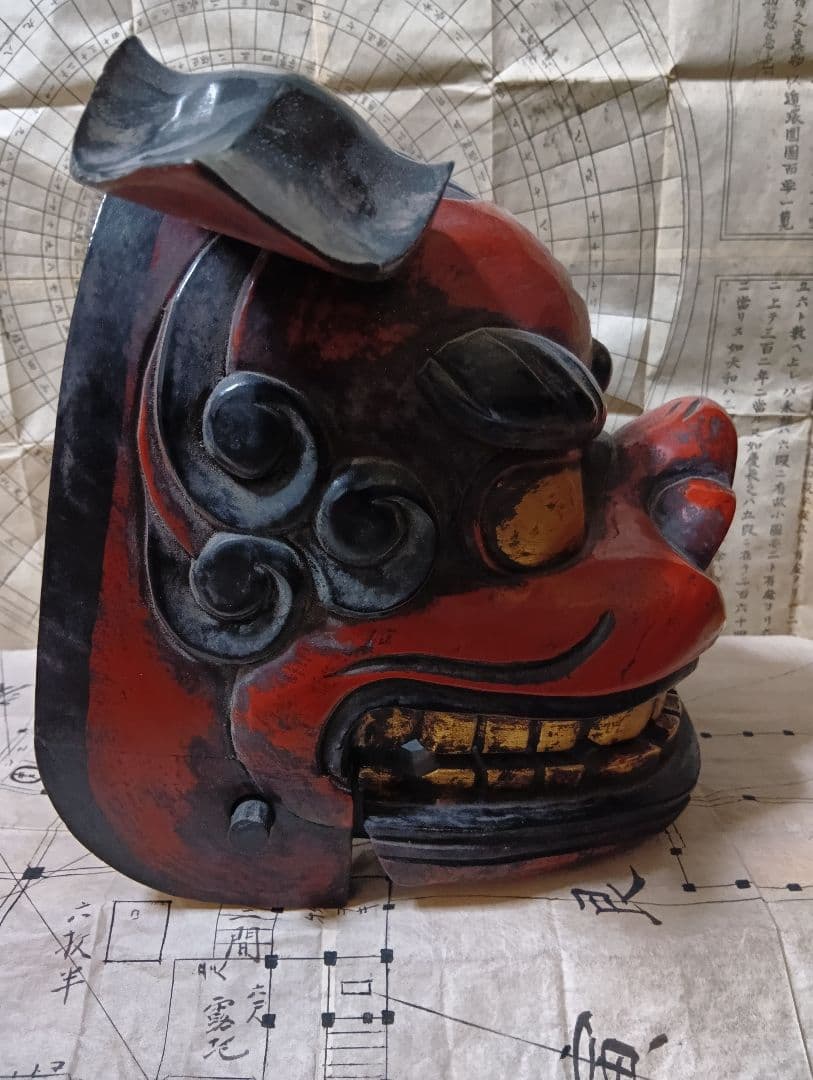 獅子頭 木彫り 獅子舞 置物 伝統芸能 祭り 魔除け 時代物 古美術