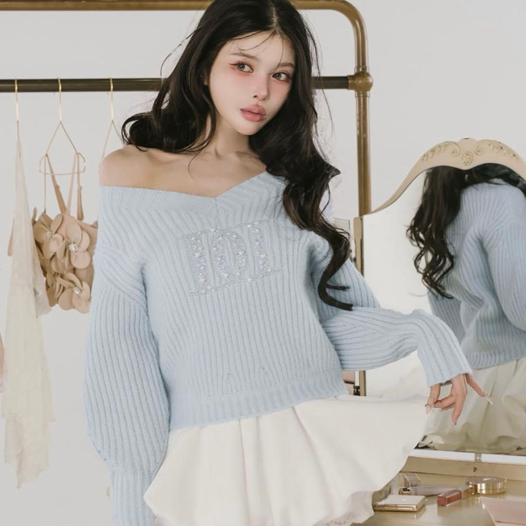 Darich ファンシービーズDDロゴボリュームニットトップス sax