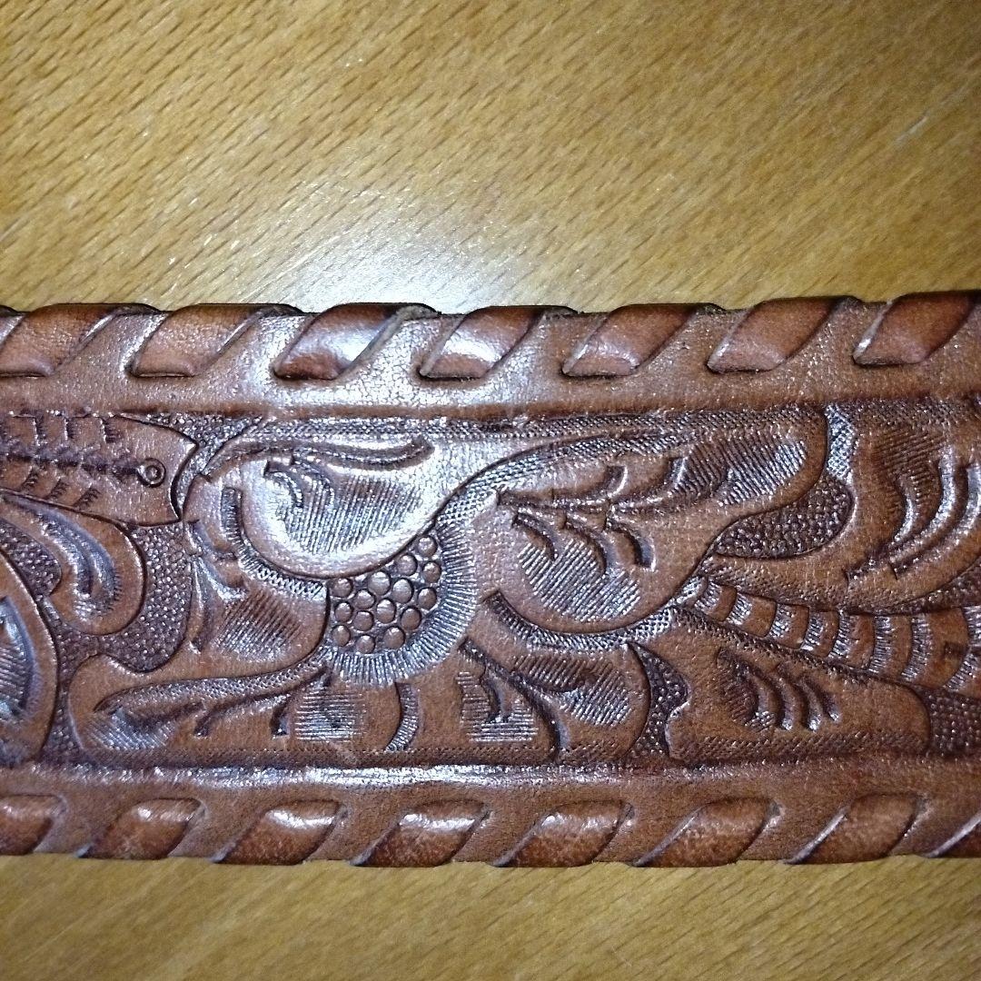 ラルフローレン　ベルト　S　ブラウン　本革　型押し　総柄　幅広　バックル金色