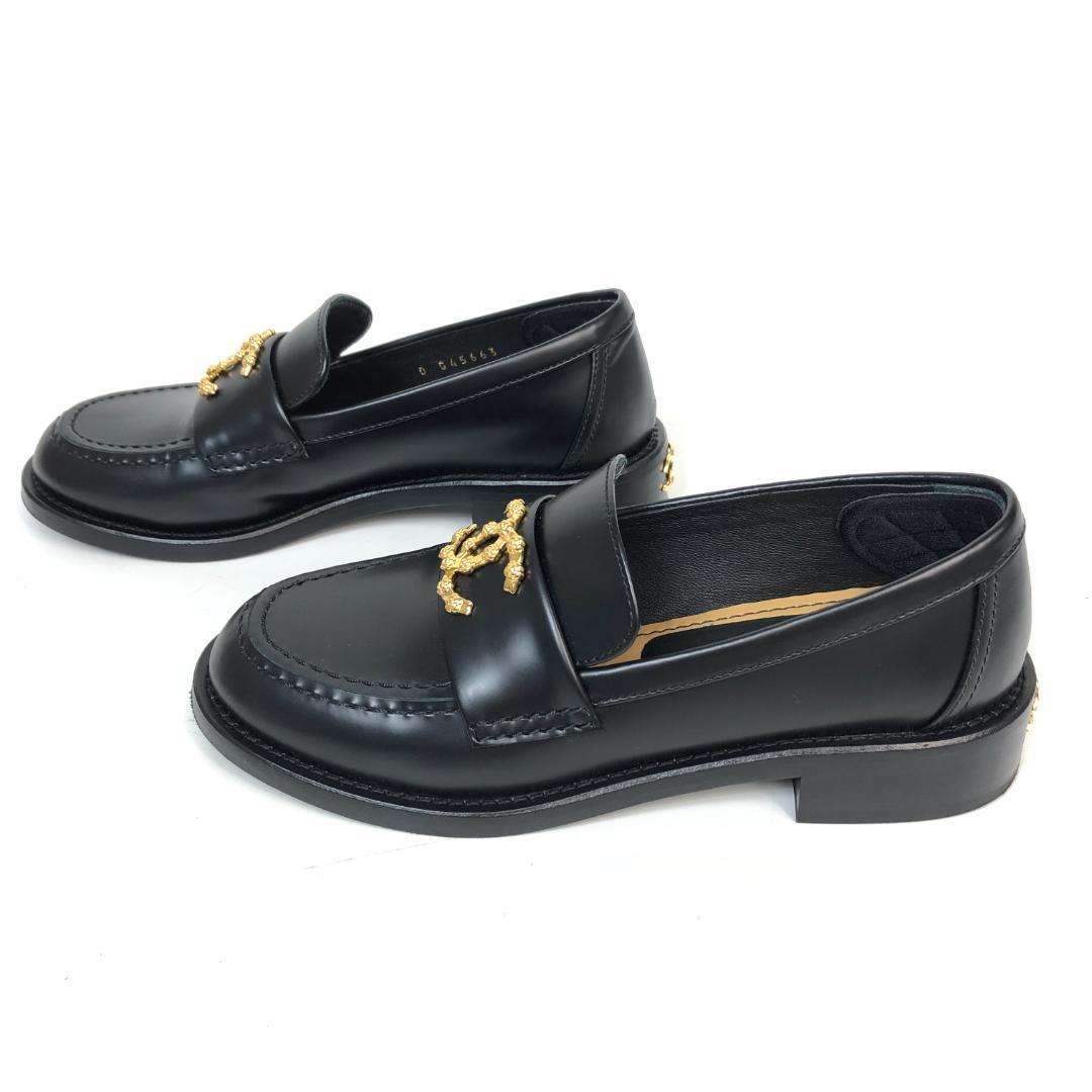 【美品】12F198 シャネル カメリア ココマーク ローファー 34C 黒 革