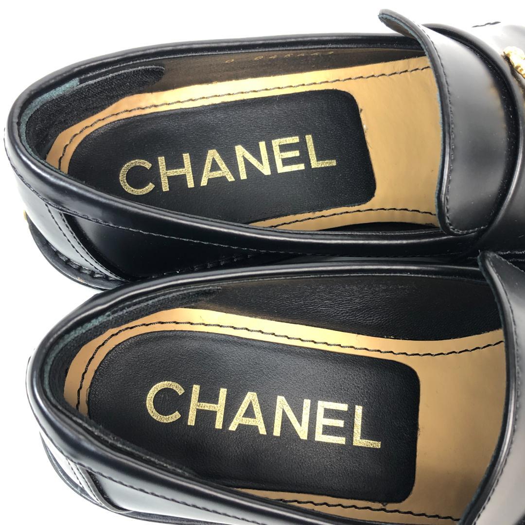 【美品】12F198 シャネル カメリア ココマーク ローファー 34C 黒 革