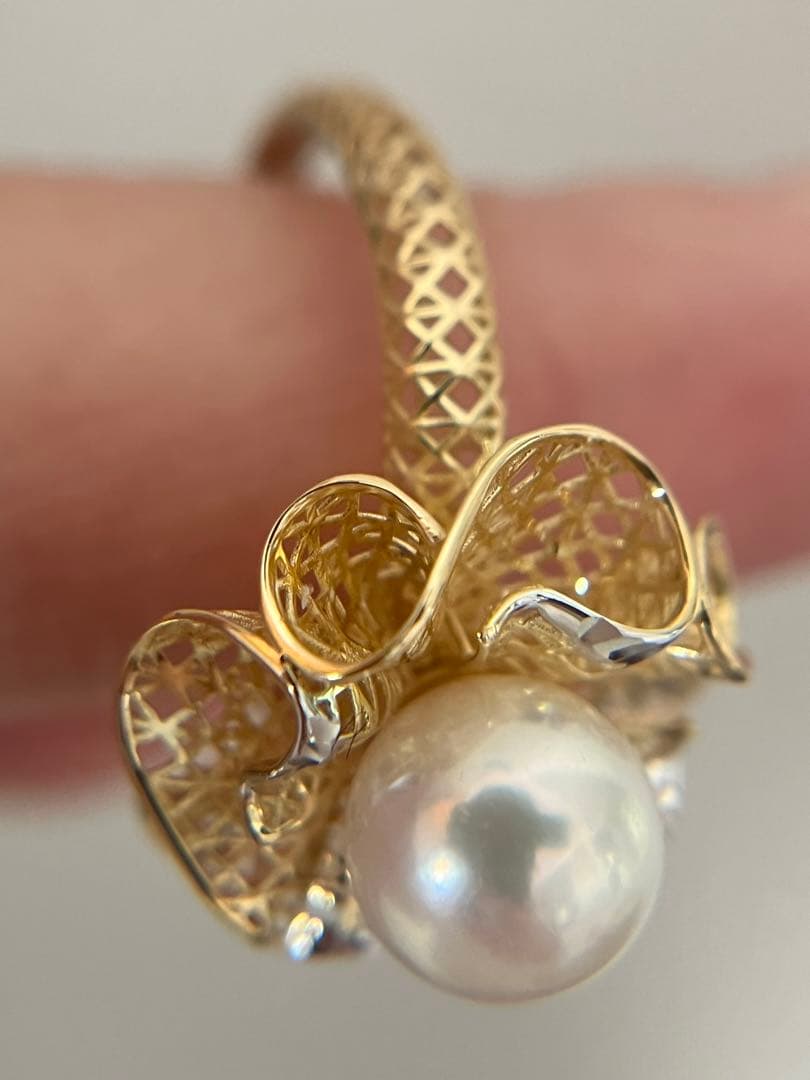 新品K18YGアコヤパール8mmフラワーリング指輪