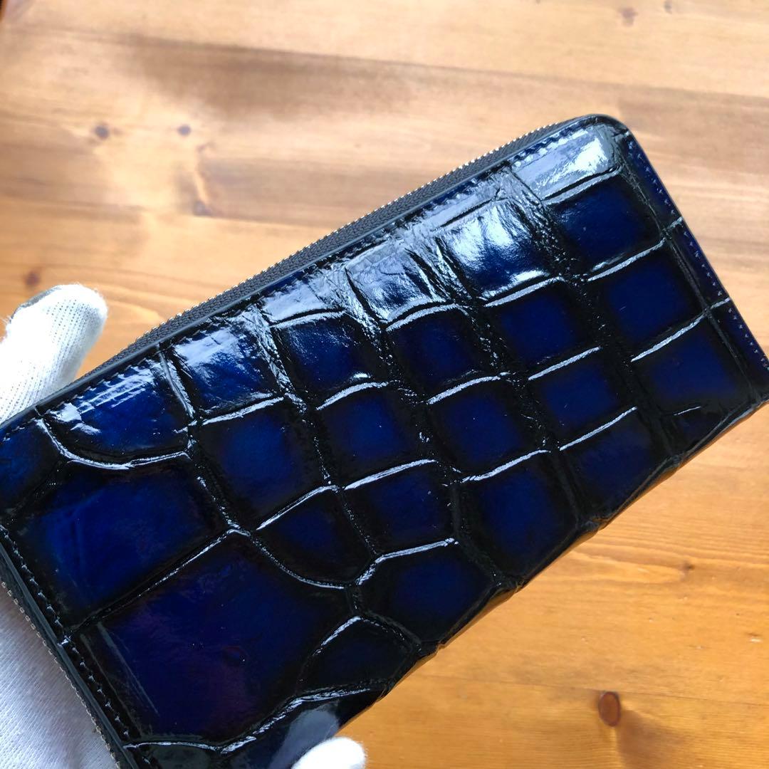 ア*オ様 本物　クロコダイル　シャムワニ　 長財布 ワニ革 一枚革　青ブルー