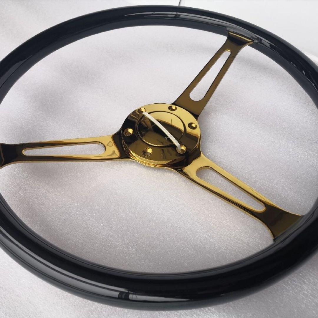 ソリッドウッドレトロビートルステアリングホイール15インチ黒金3本スポークス