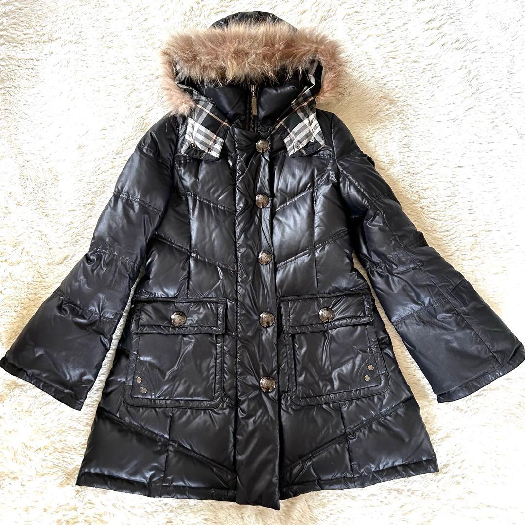 バーバリーブルーレーベル ダウンコート 裏地チェック ブラック ラクーンファーM