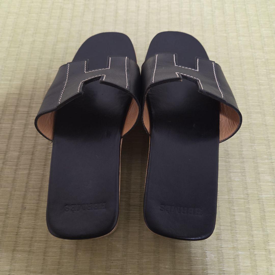 未使用近 エルメス ケブラール サンダル Hロゴ サイズ35 レザー 黒