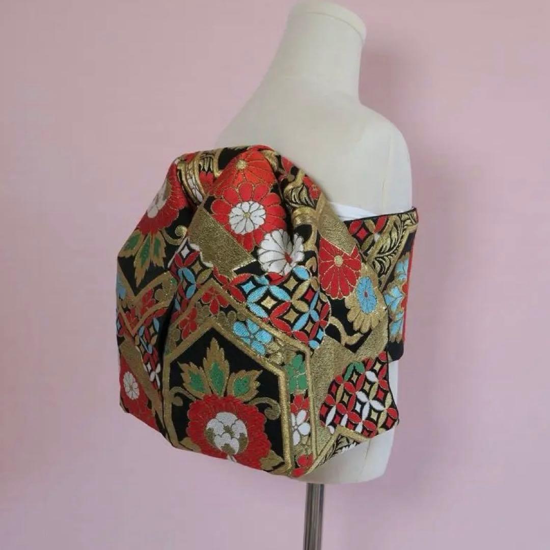 七五三 作り帯 アンティーク帯リメイク 黒地×赤金 古典花文様｜文庫｜一点もの