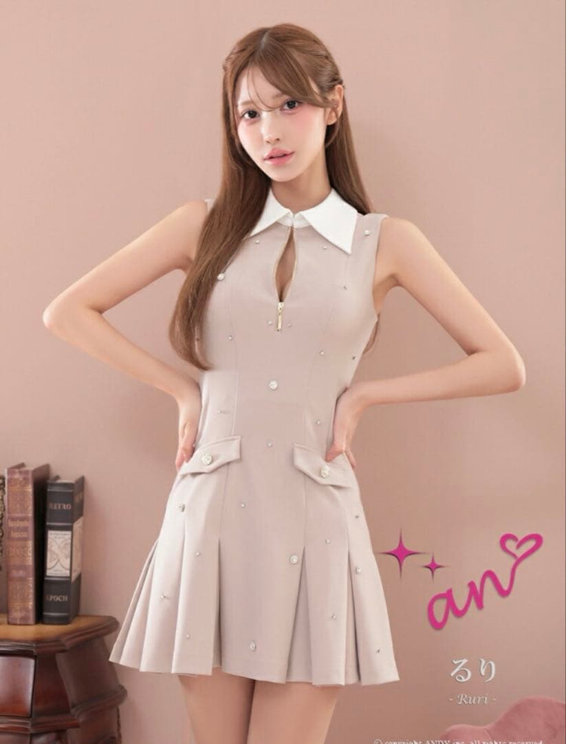 anストレッチビジュー襟付きジッパーノースリーブ裾プリーツフレアミニキャバドレス