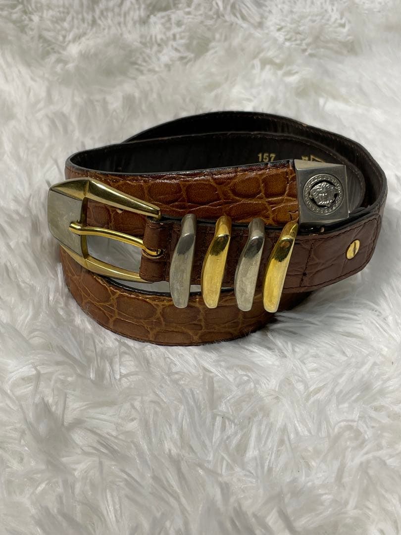 VERSACE ヴェルサーチ 型押しレザーベルト ブラウン 本革　幅3cm