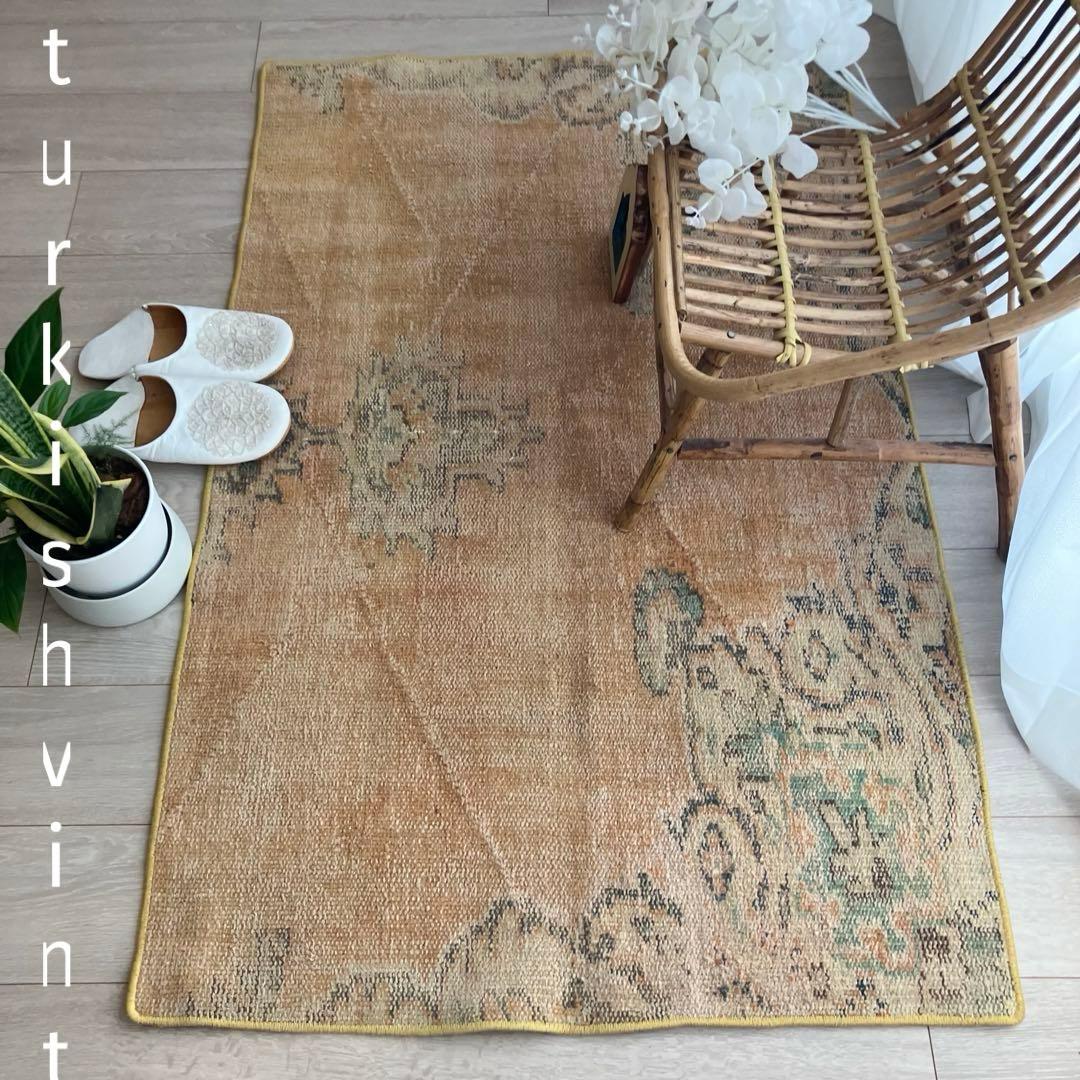 オレンジイエロー80×126グリーン　accentrug トルコヴィンテージラグ