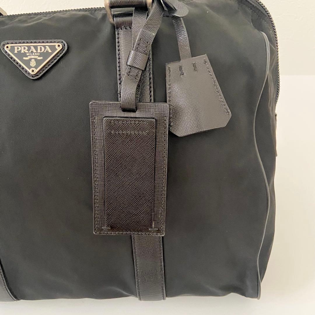 美品　PRADA ボストンバッグ　ナイロン　ブラック　サフィアーノ　三角プレート