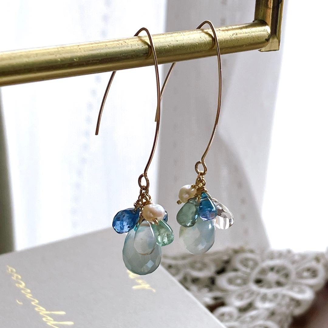 マルモ◆ラフカット✧インカローズ×淡水パールアシンメトリーピアス