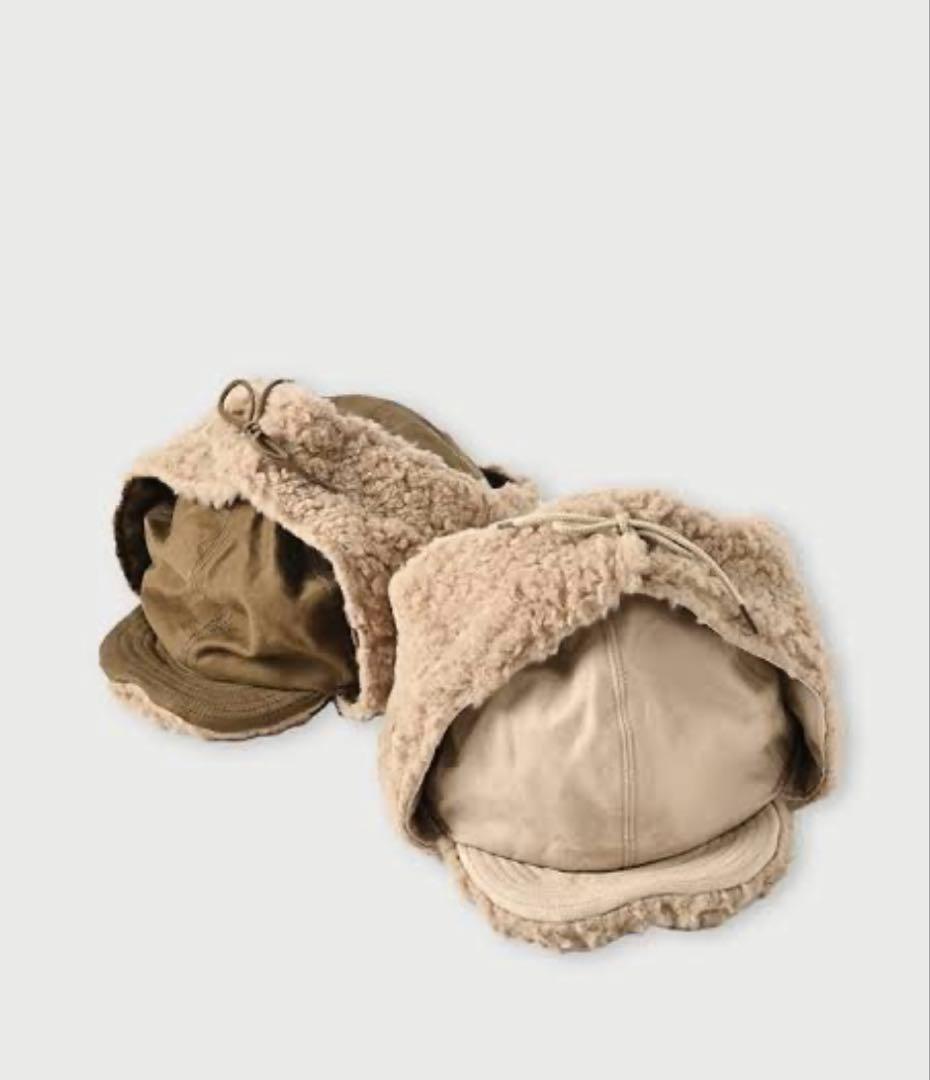 45R サテン×ボアのボンバーハット ベージュ 耳あて付き