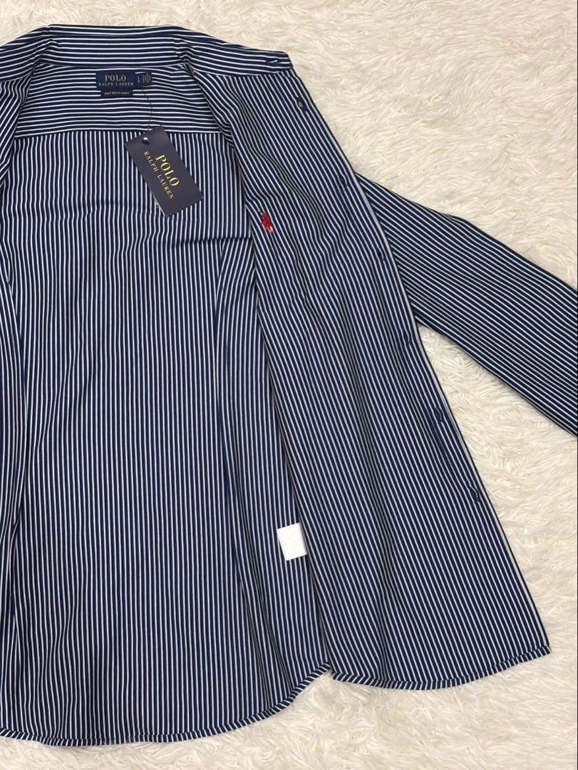 【新品】ポロラルフローレン ニットドレスシャツ ストライプ L ネイビー