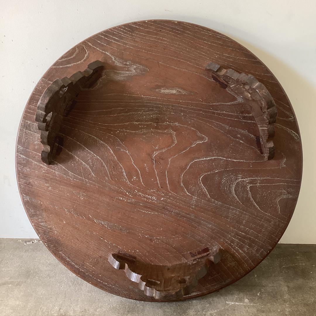 73㎝　天然木の丸い脚付き膳　円卓　座卓　ちゃぶ台　栗盆　時代物　当時物　古民家