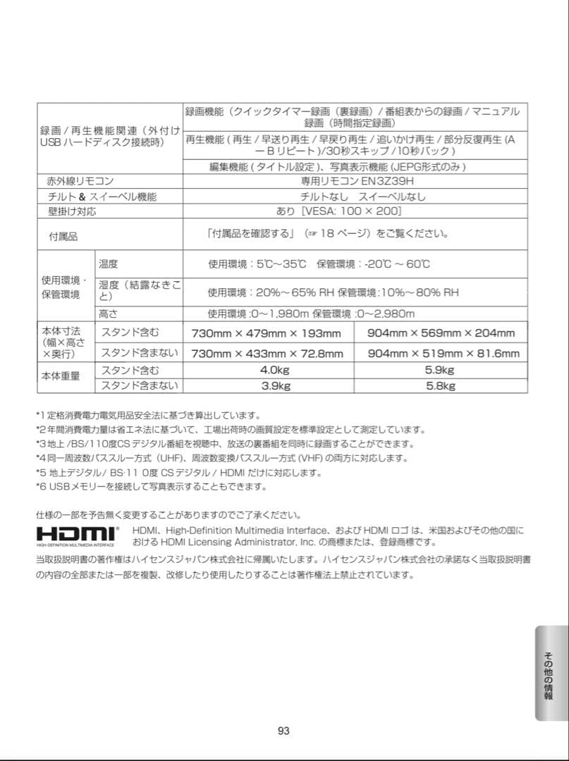 Hisens ハイセンス　32型液晶テレビ　外付けHDD付属(1TB)