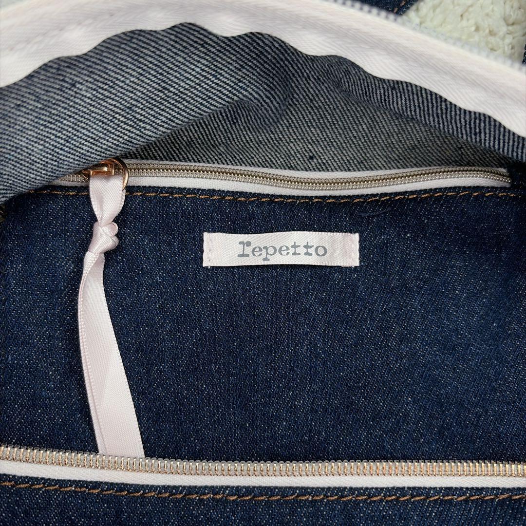 【美品】レペット サイドリボン ドラムバッグ (中) デニム ボストンバッグ M