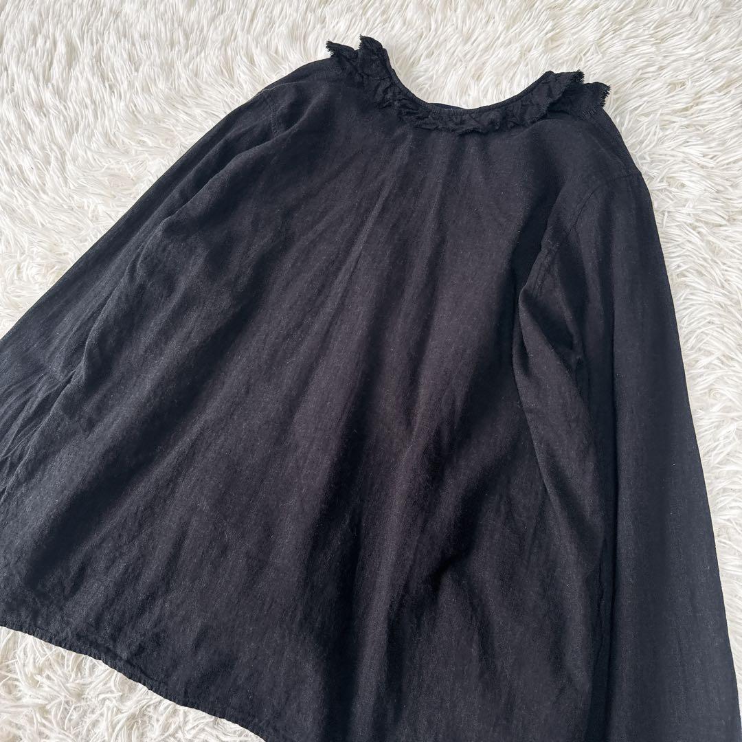 45R コットン100% フリルブラウス ブラック やわらか素材 ナチュラル風合