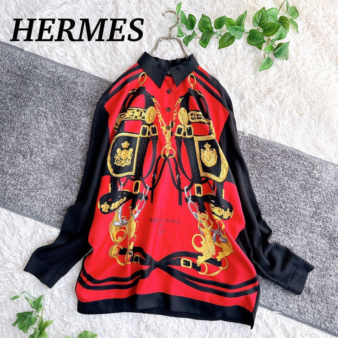 オールド エルメス ニット　シャツ　切替　異素材　スカーフ柄　シルク　カシミヤ