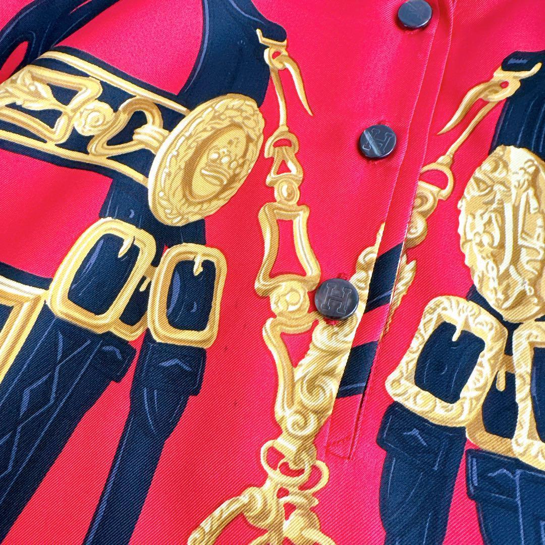 オールド エルメス ニット　シャツ　切替　異素材　スカーフ柄　シルク　カシミヤ