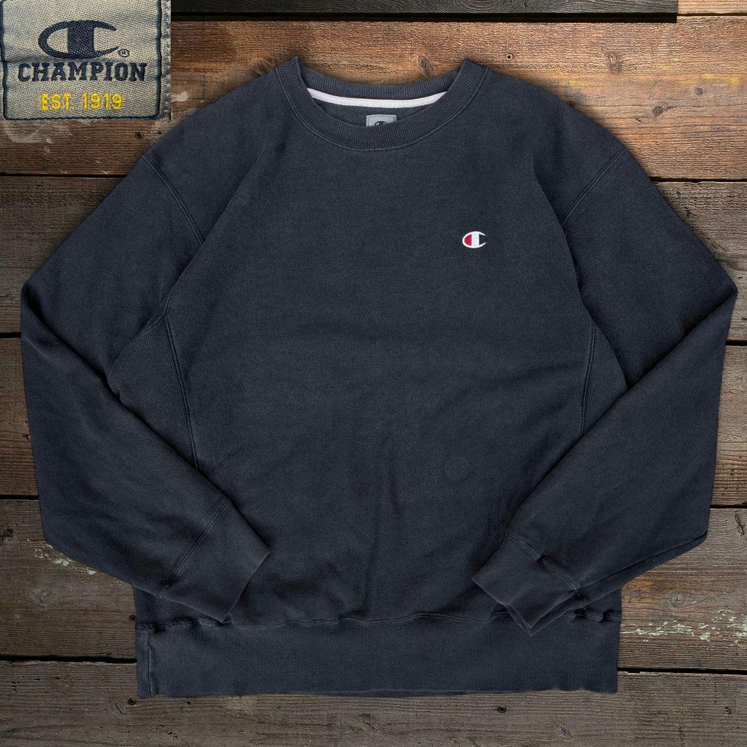 90s　Champion　リバースウィーブ　炭黒　刺繍　ヘビーウェイト　フェード