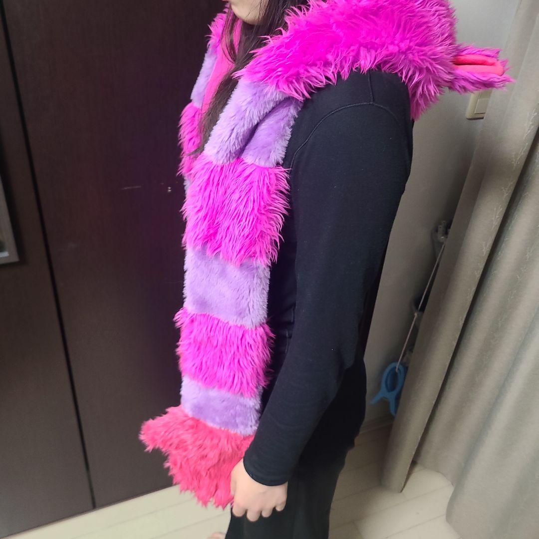 チェシャ猫 フリース耳付きフードスカーフ ピンク紫