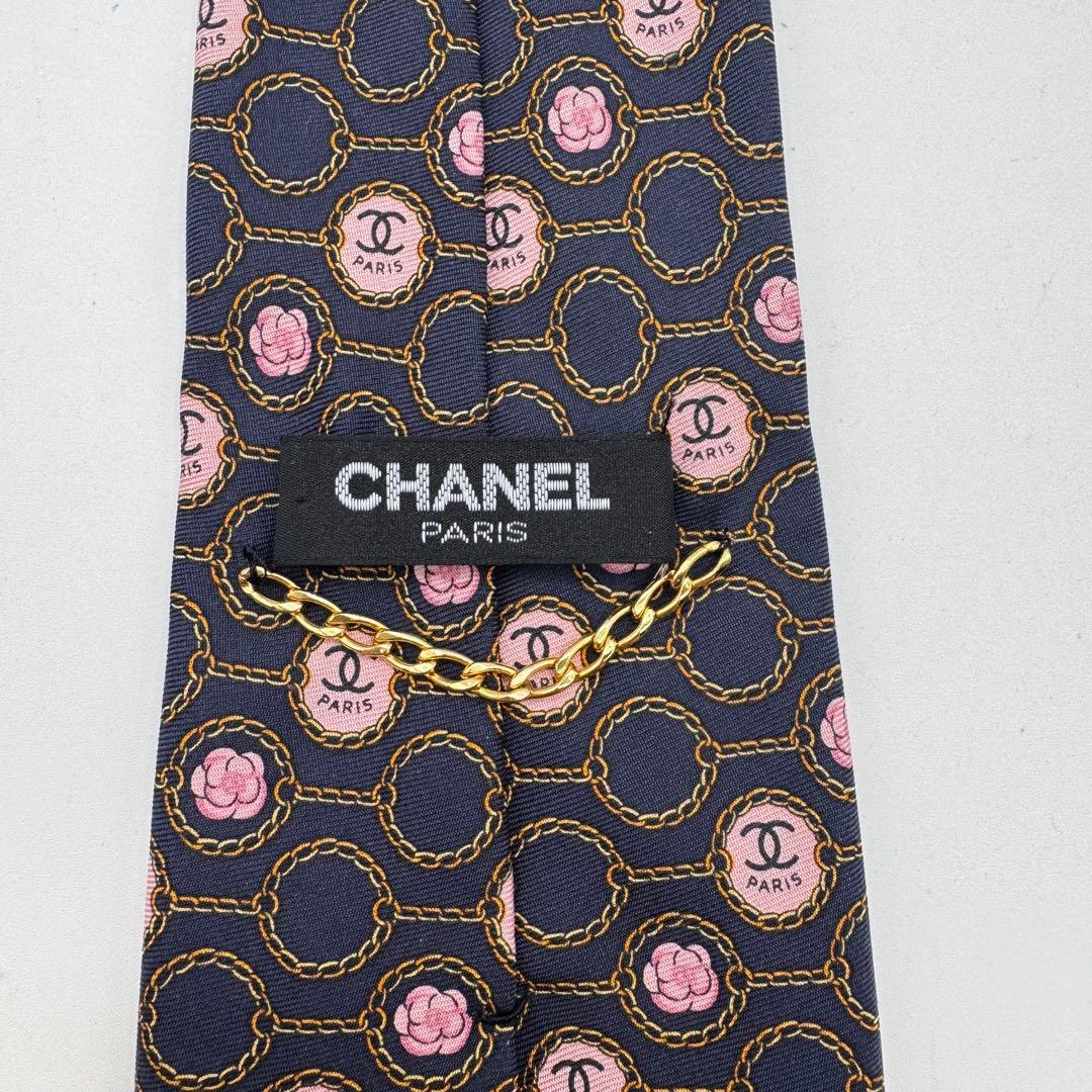 CHANEL シャネル ネクタイ 小紋 総柄 カメリア チェーン付 プリント