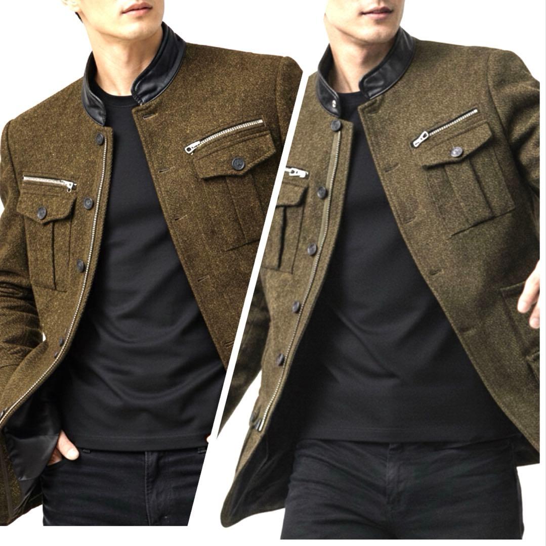 【美品】DIESEL ディーゼル 裏地アート総柄 ウールジャケット 襟レザー　M