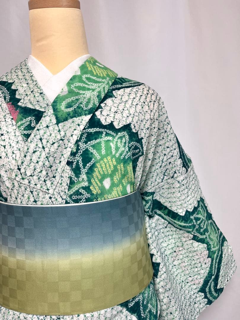 【美おり】YK52002 浴衣 有松絞り 浴衣 花柄 みどり色 トールサイズ