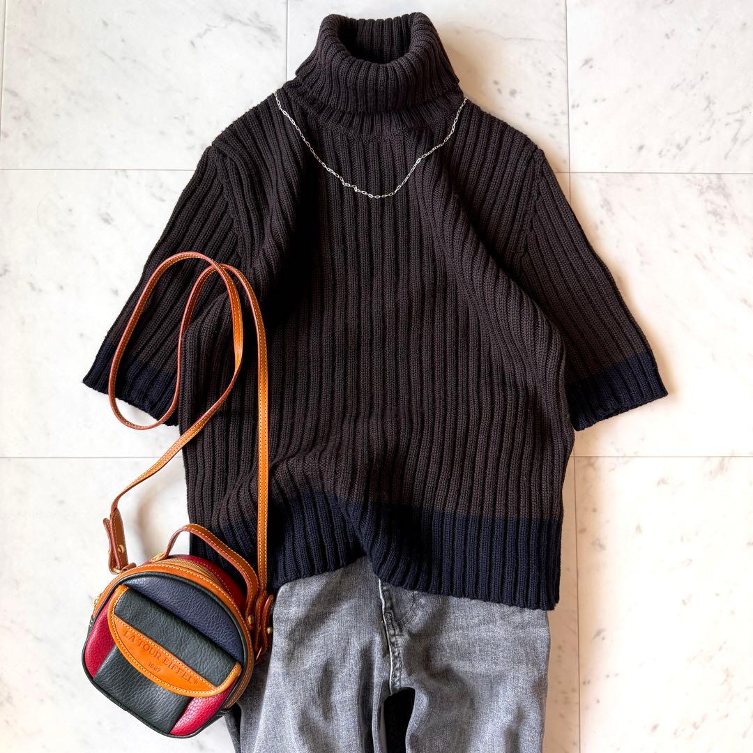 美品 マックスマーラ 白タグ 洗えるリブタートルネックニット ブラウン 半袖 L