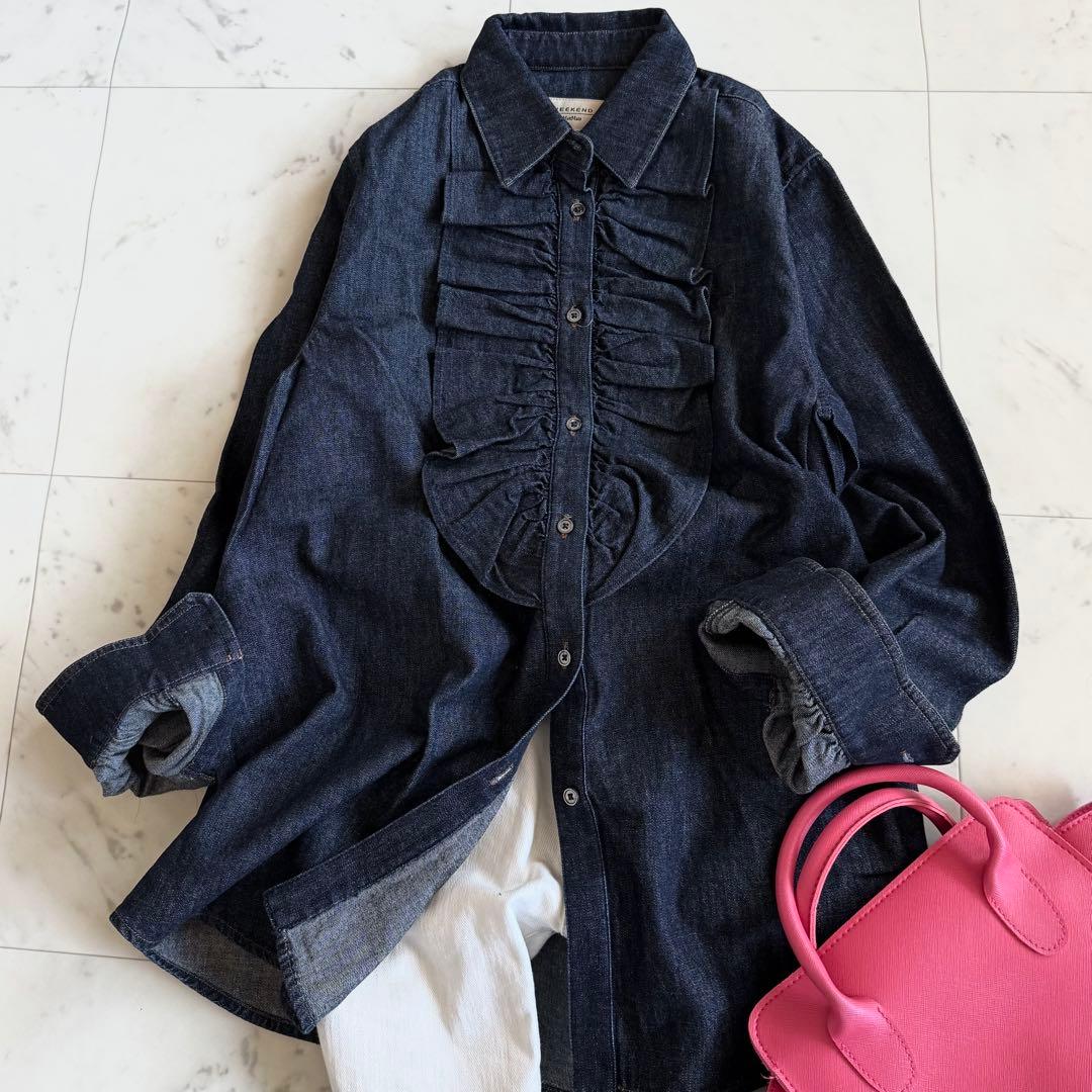 美品　マックスマーラ　タグ付き　白タグ　長袖デニムシャツ　フリルブラウス