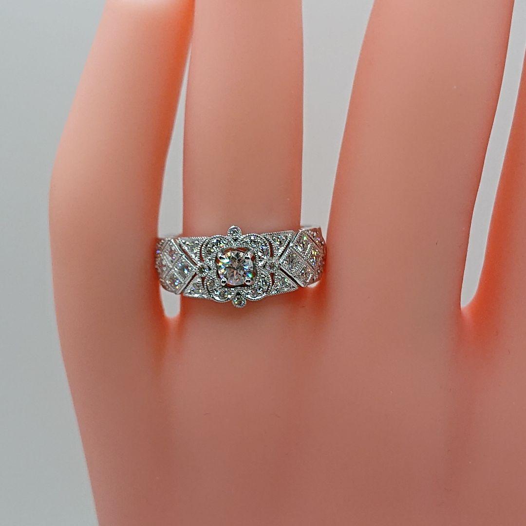 アンティーク風フラワーデザイン 天然ダイヤモンドリング Pt950