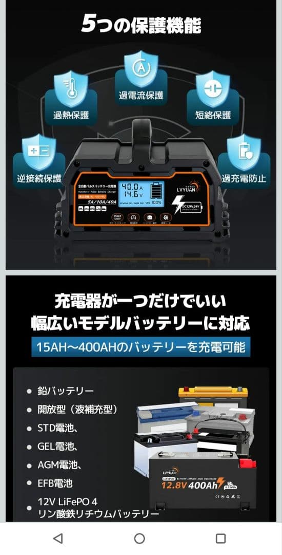 リョクエン全自動パルスバッテリー充電器 定格40A PSE取得BC-400PRO