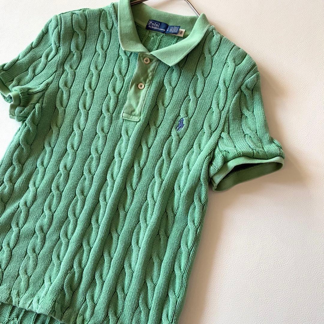 ポロラルフローレン　2025 現行　ケーブルニットポロシャツ　グリーン　L相当