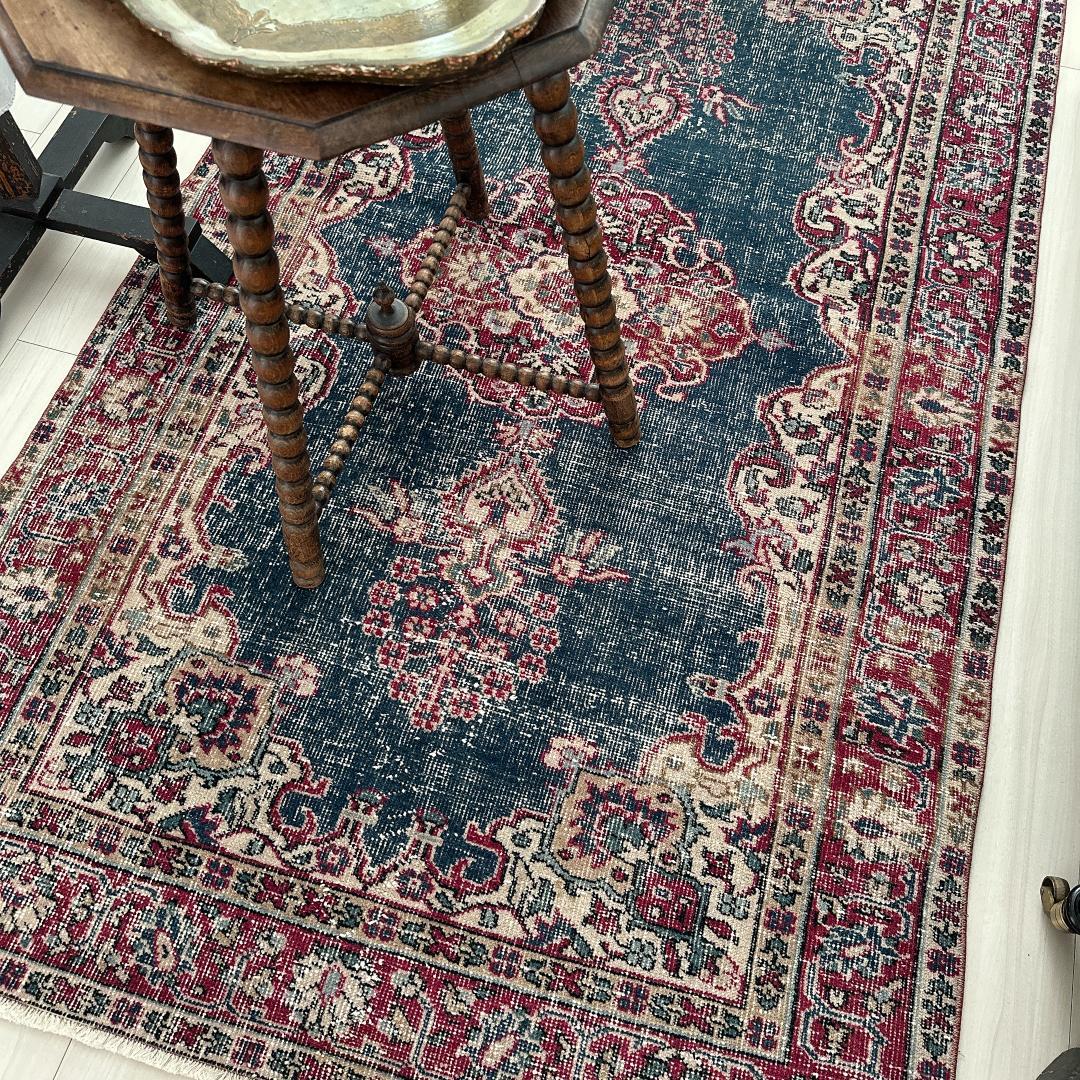 【訳アリ】トルコ ヴィンテージラグ A102 レア インディゴブルー レッド
