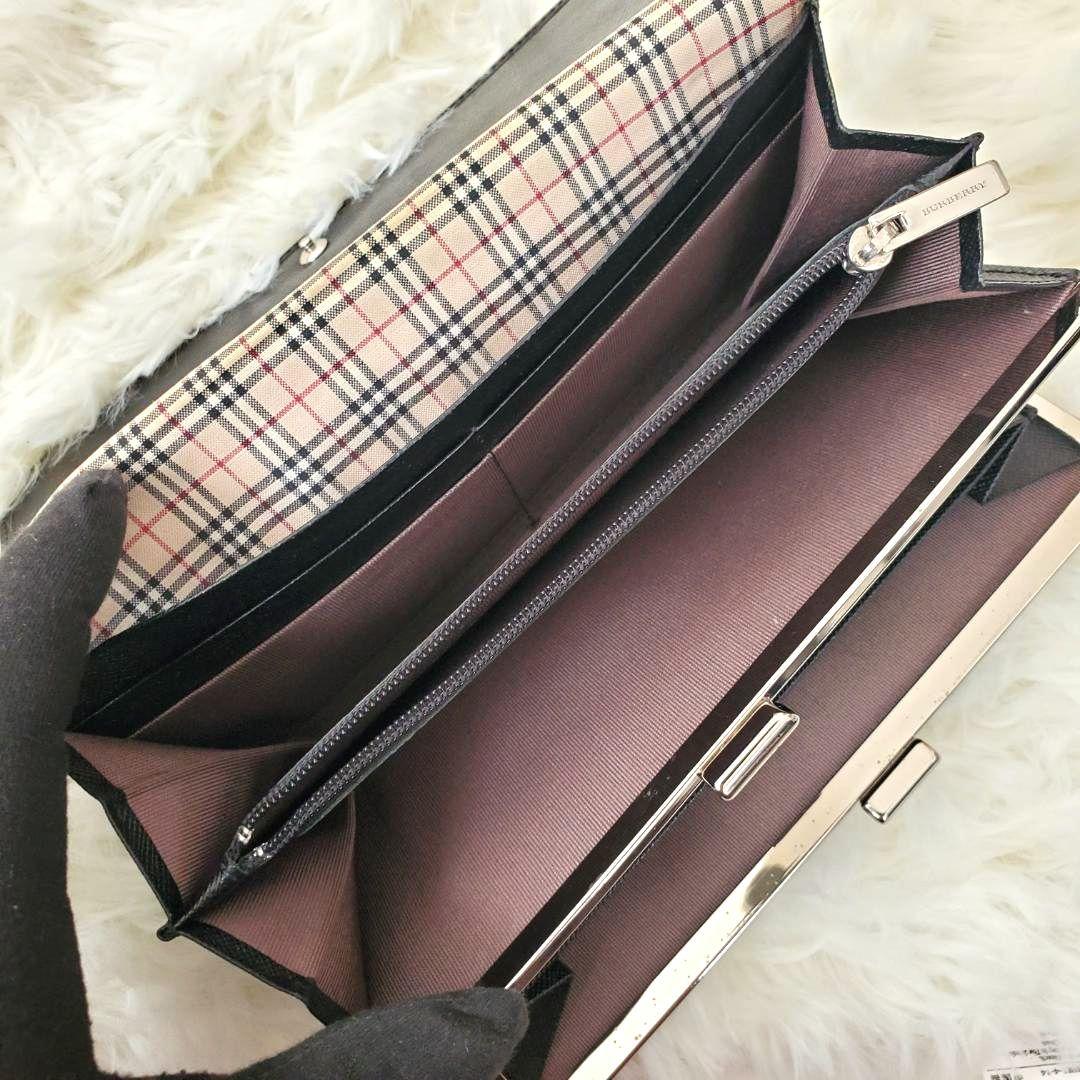 美品 人気モデル バーバリー 長財布 ノバチェック がま口 ブラック 大容量