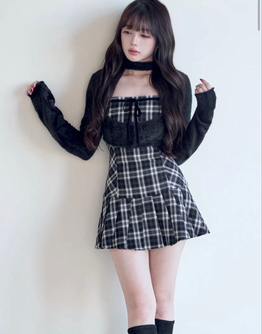 BunnyLis ファーボレロ×チェックミニワンピ ブラック S