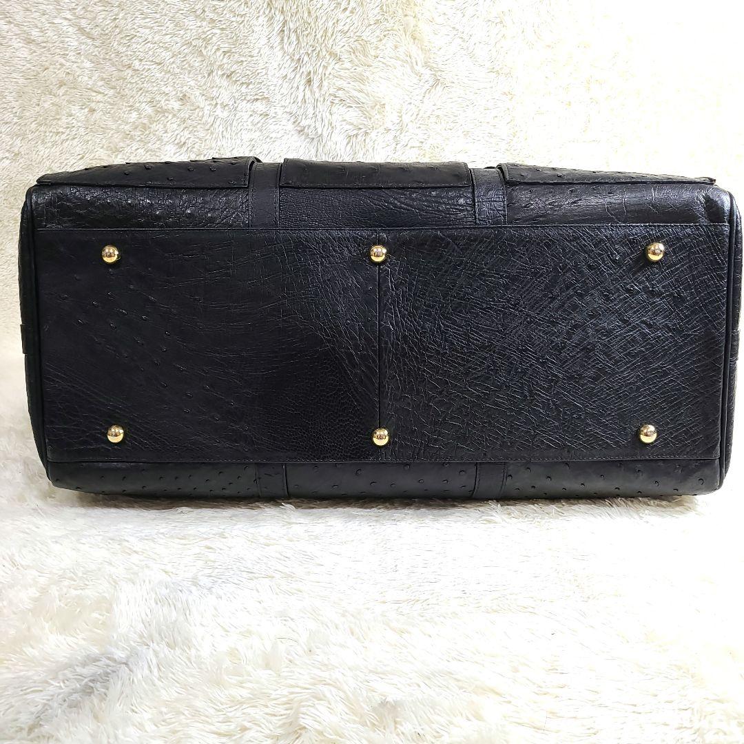 美品 大型 オーストリッチ本革 ボストンバッグ ゴールド金具 ブラック 2way