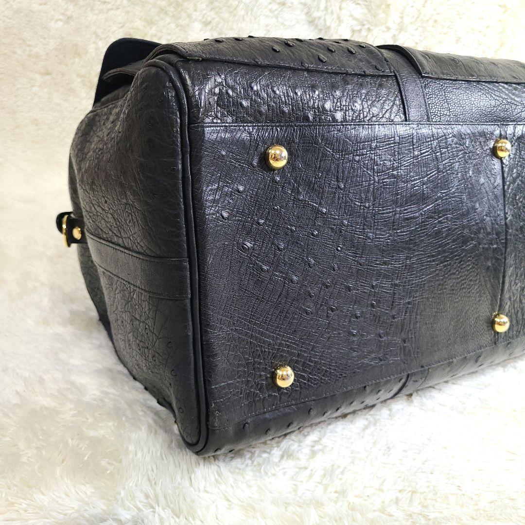 美品 大型 オーストリッチ本革 ボストンバッグ ゴールド金具 ブラック 2way