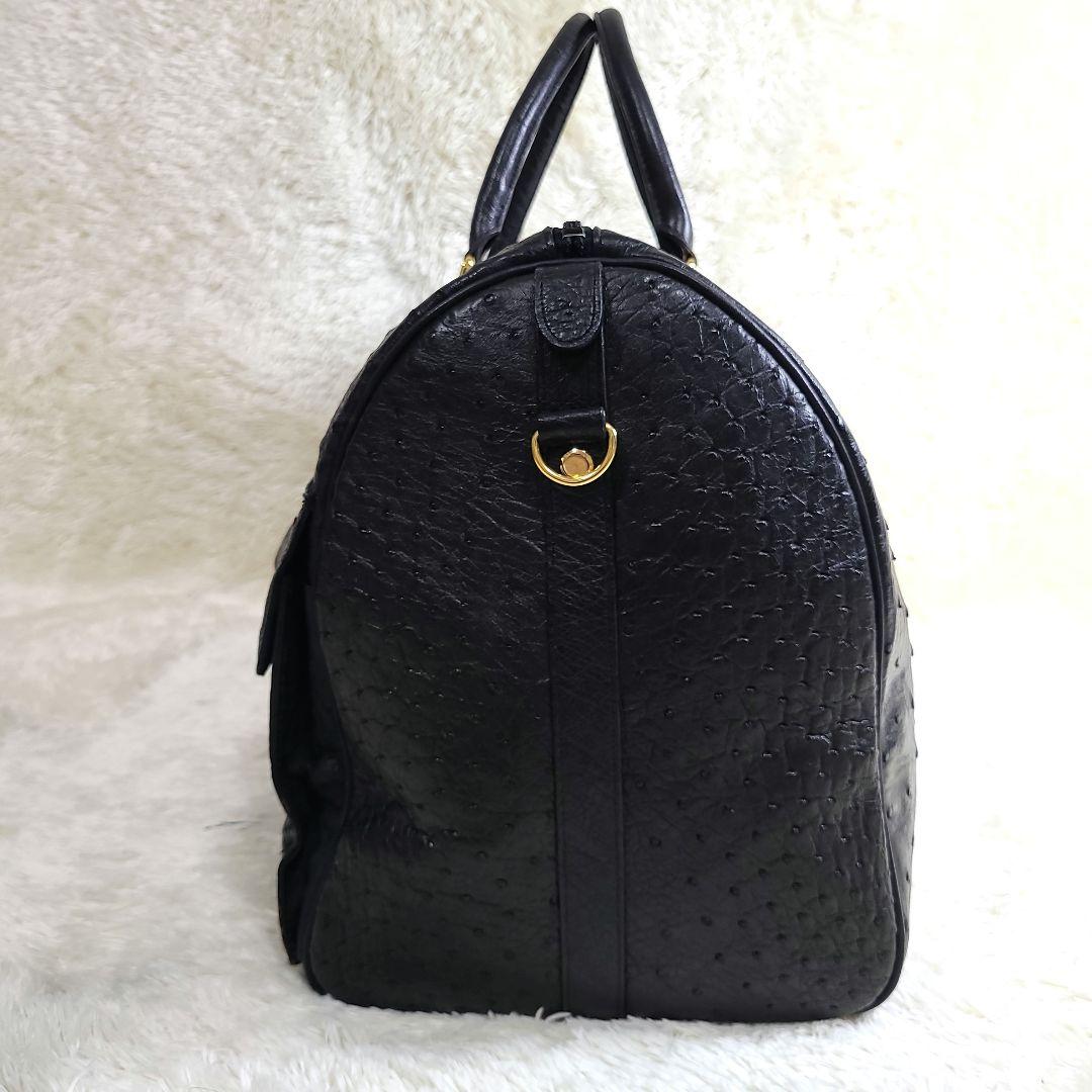 美品 大型 オーストリッチ本革 ボストンバッグ ゴールド金具 ブラック 2way