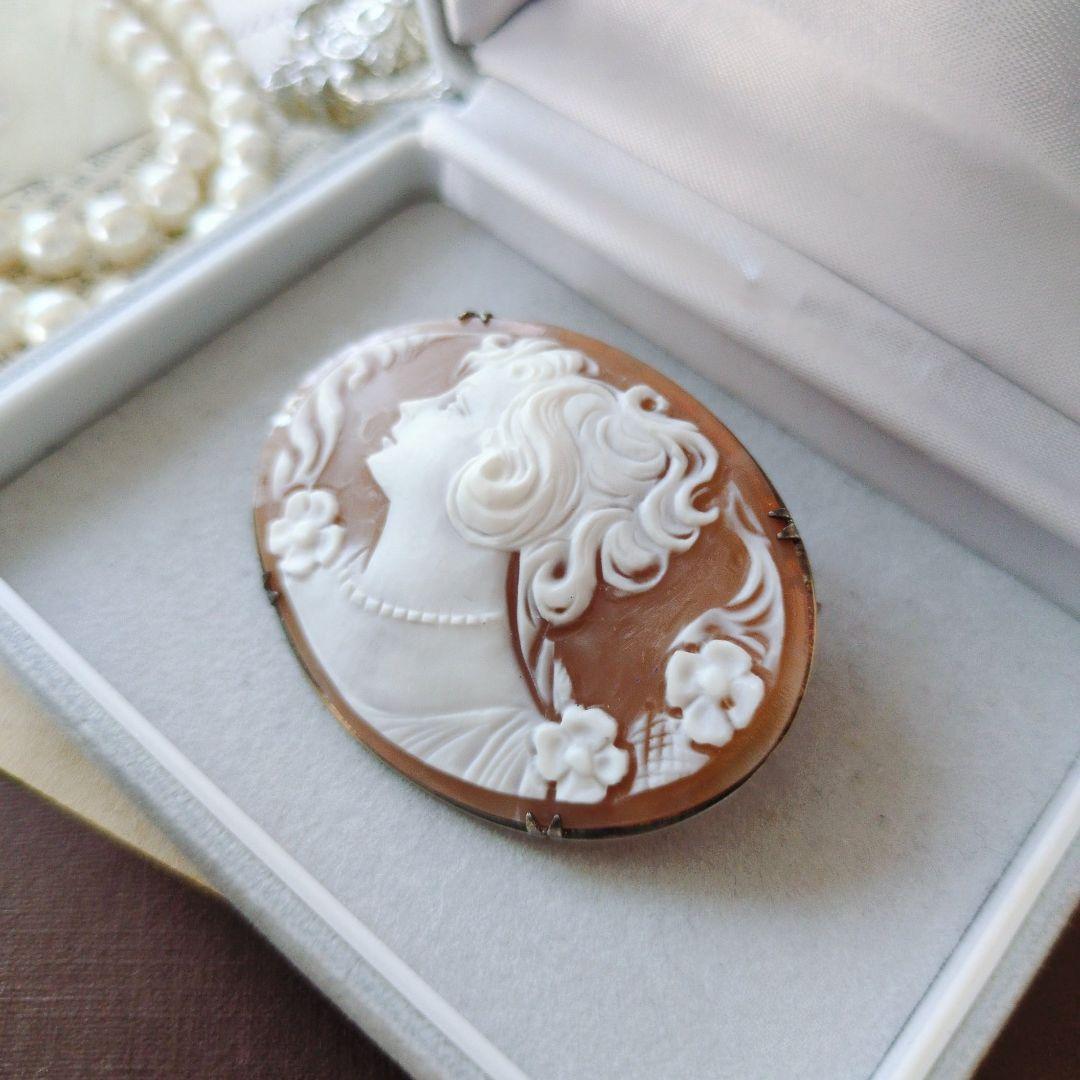 ITALY SILVER900 シェルカメオブローチ 貴婦人 楕円形 ペンダント