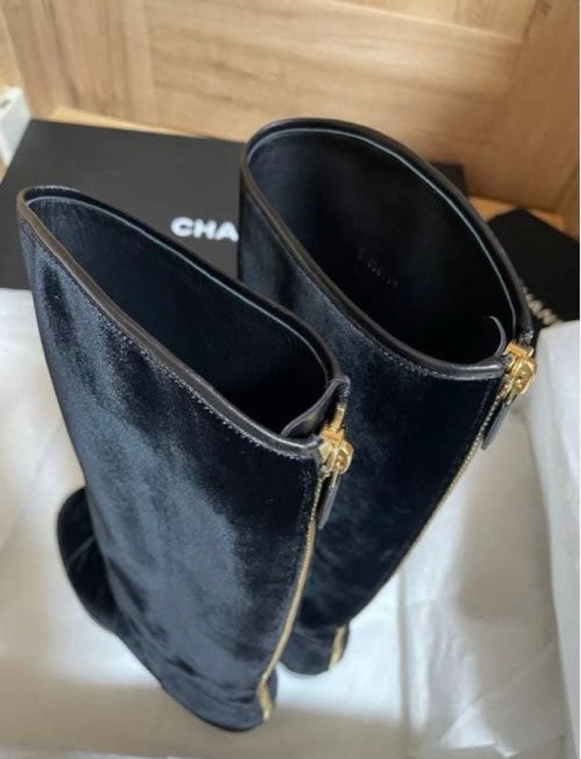 専用◇CHANELシャネルロングブーツベルベットベロアレザーCCロゴ黒本革37