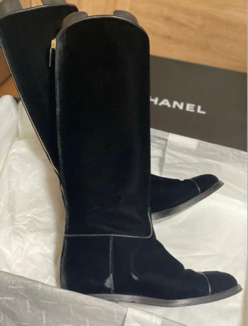 専用◇CHANELシャネルロングブーツベルベットベロアレザーCCロゴ黒本革37