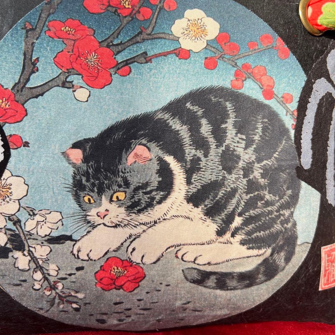 梅と猫 一閑張り バッグ かごバッグ ハンドバッグ 和猫 浮世絵 和柄 市場かご
