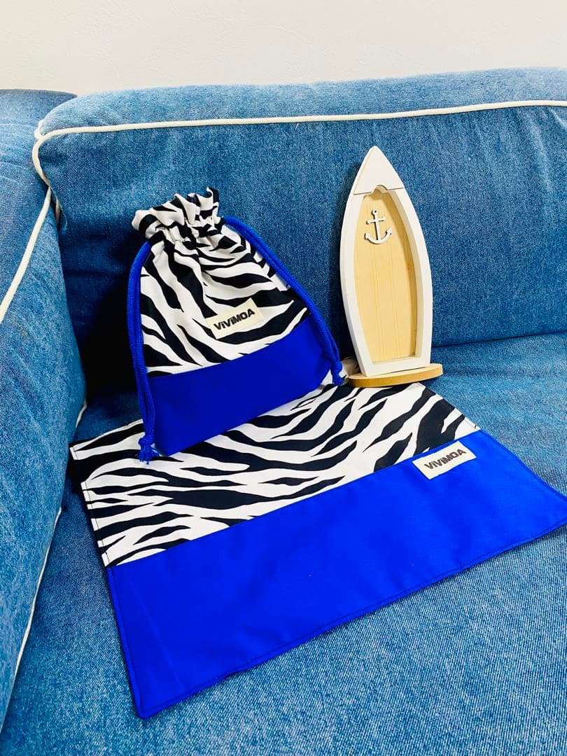 すぴちゃん様　入園入学グッズ　オーダー　ゼブラ×ブルー　バッグ　巾着袋